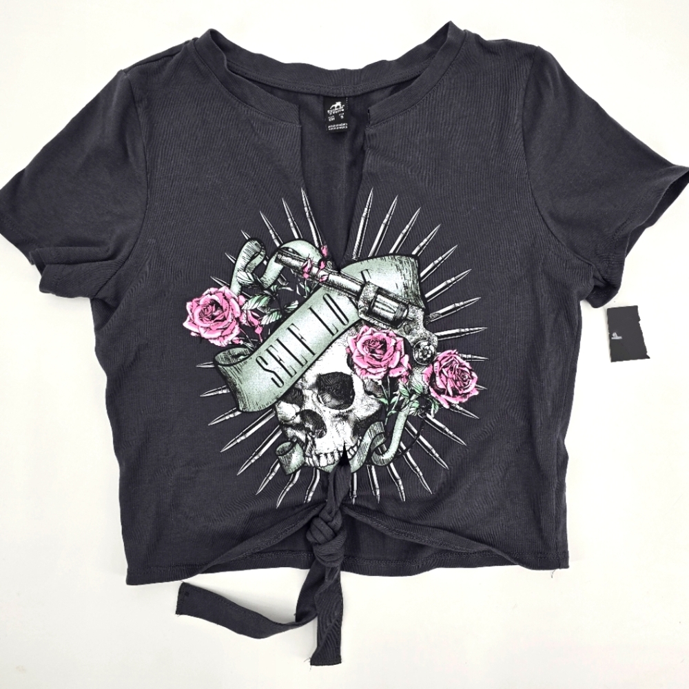 Cuidado Con El Perro Black Skull Graphic Tie-Front Crop Top Size S NWT